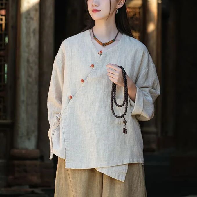 復古盤扣文藝禪意茶服系帶短款棉麻開衫