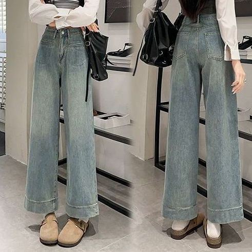 窄版高腰直筒捲邊顯瘦百搭闊腿牛仔褲