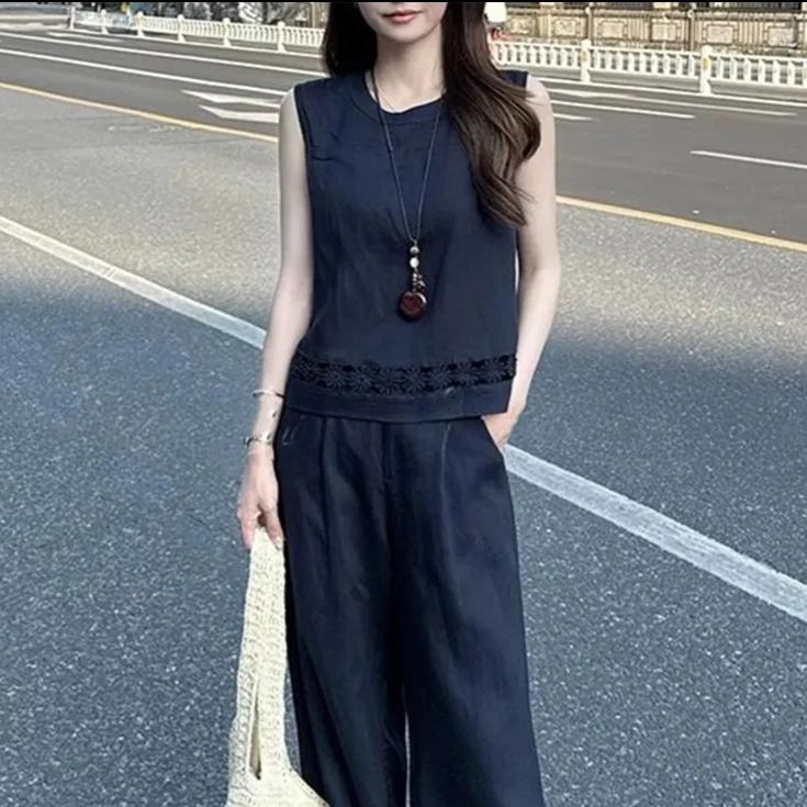 【整套】新中式慵懶風復古無袖上衣休閒褲兩件套裝