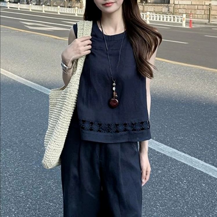 【整套】新中式慵懶風復古無袖上衣休閒褲兩件套裝