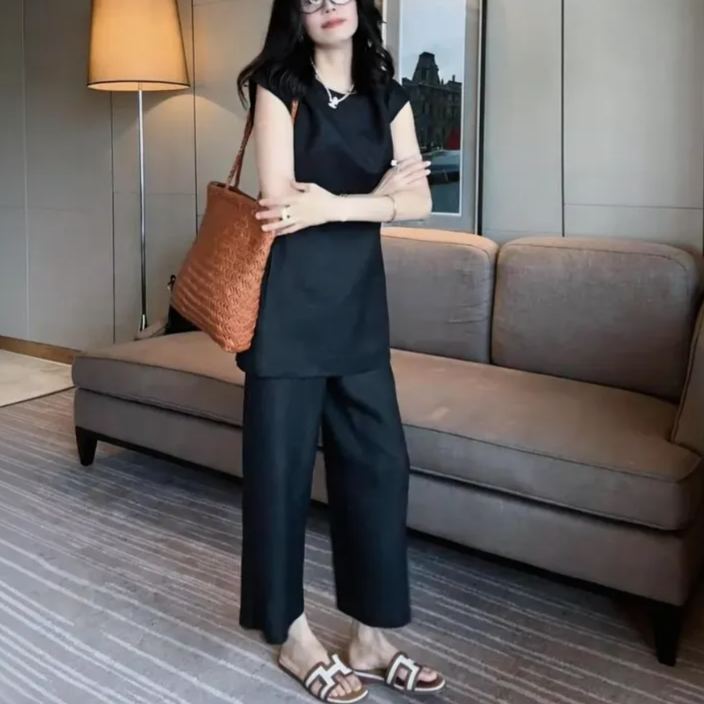 【整套】高級時尚韓版顯瘦氣質上衣+簡約休閑褲兩件套裝