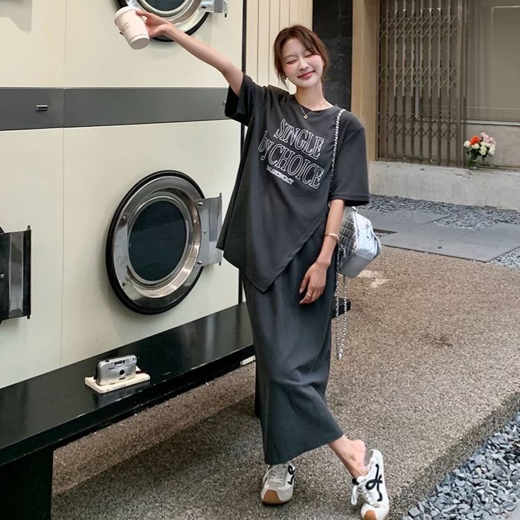 【單件/套裝】韓版減齡不規則上衣+休閑半身裙兩件套