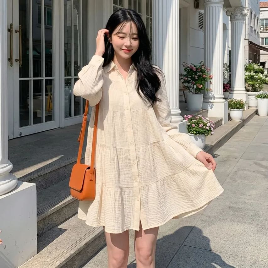 氣質翻領褶皺寬鬆單排泡泡甜美洋裝