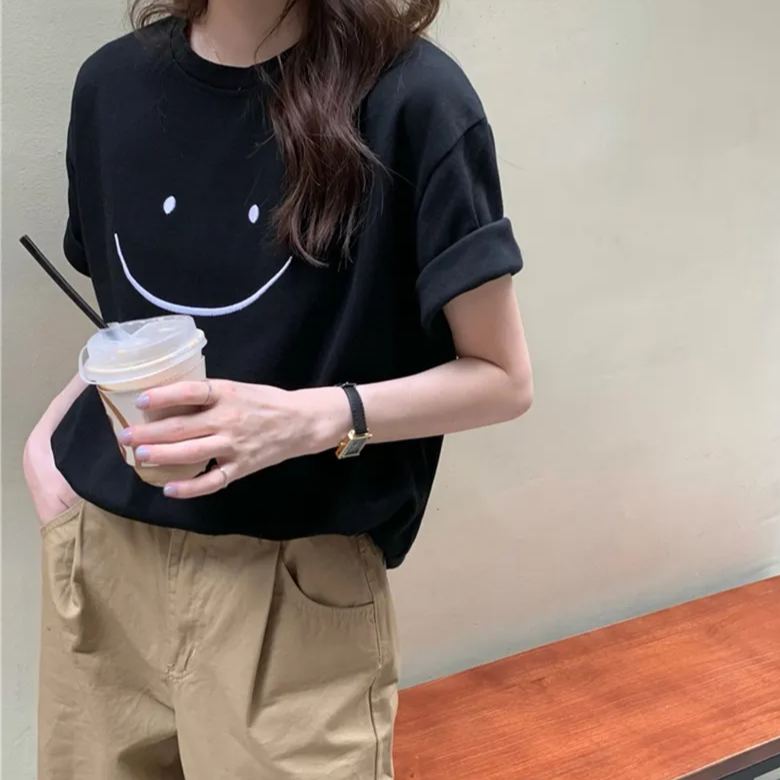 日韓休閑笑臉慵懶風寬鬆百搭大碼短袖T恤
