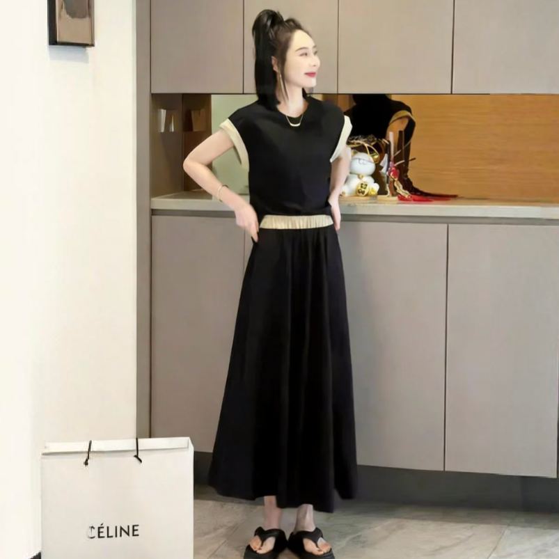 【整套】時尚寬松大碼拼接短袖+百搭休閑半身裙兩件套