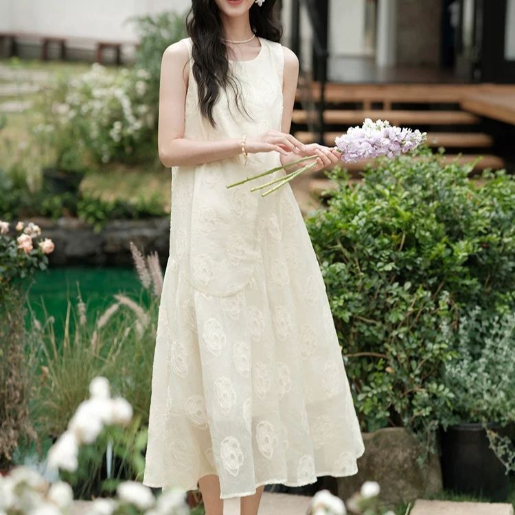 韓系溫柔法式無袖甜美減齡氣質長版洋裝