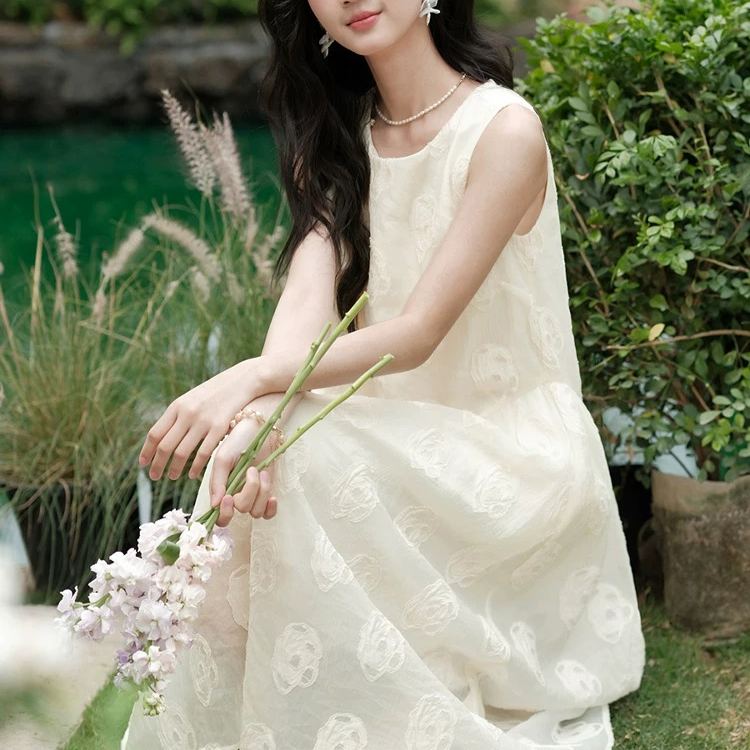 韓系溫柔法式無袖甜美減齡氣質長版洋裝
