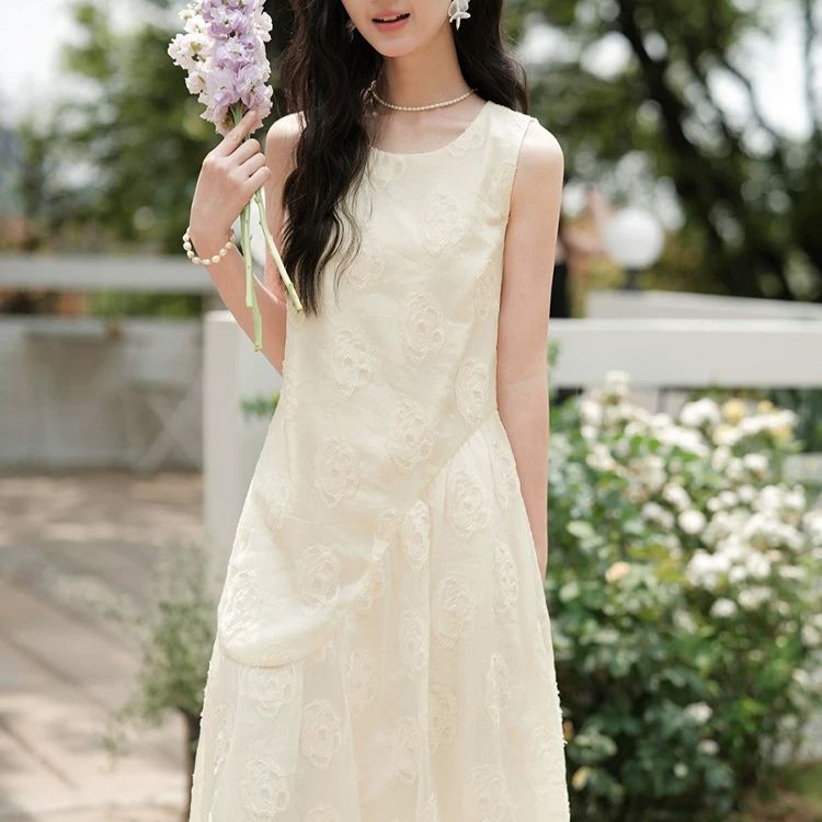 韓系溫柔法式無袖甜美減齡氣質長版洋裝