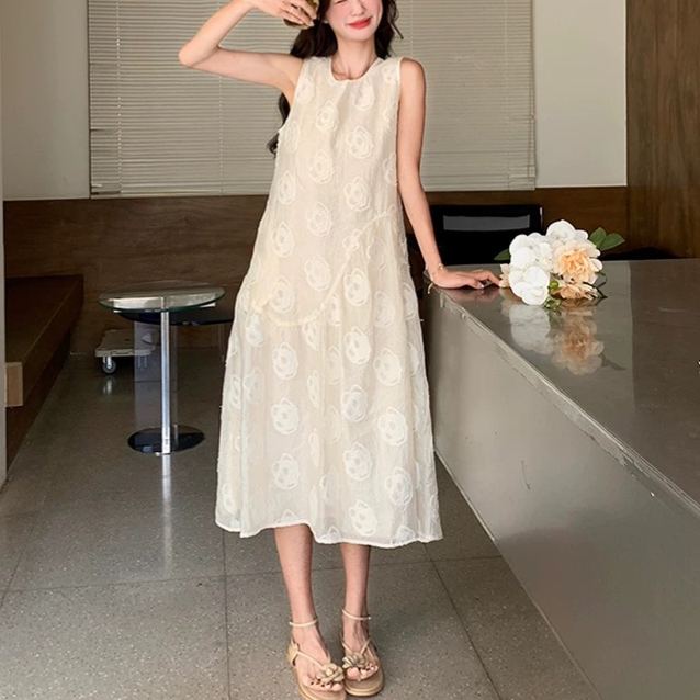 韓系溫柔法式無袖甜美減齡氣質長版洋裝