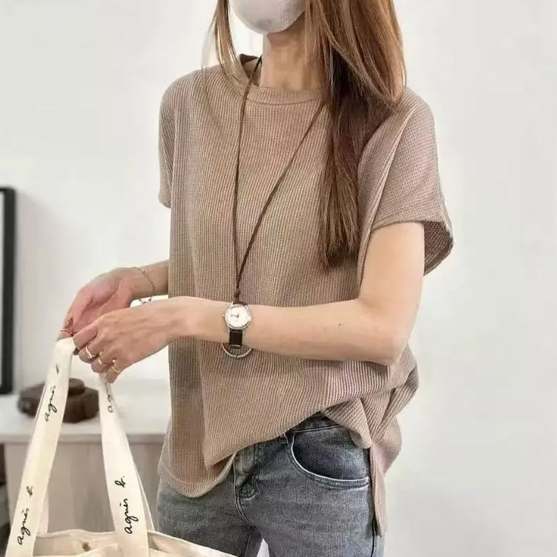 日韓休閒華夫格開叉圓領落肩短袖T恤