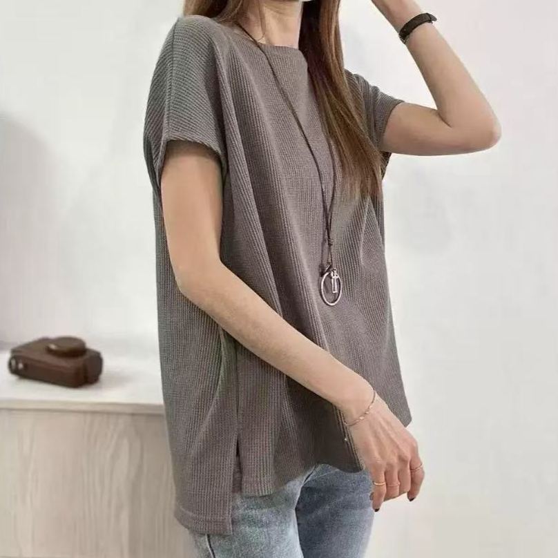 日韓休閒華夫格開叉圓領落肩短袖T恤