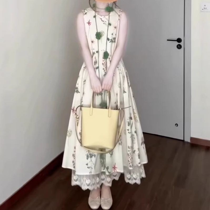 法式無袖背心碎花海邊度假氣質洋裝