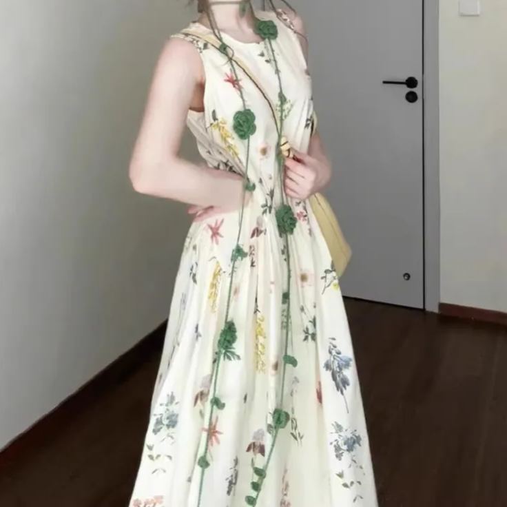 法式無袖背心碎花海邊度假氣質洋裝