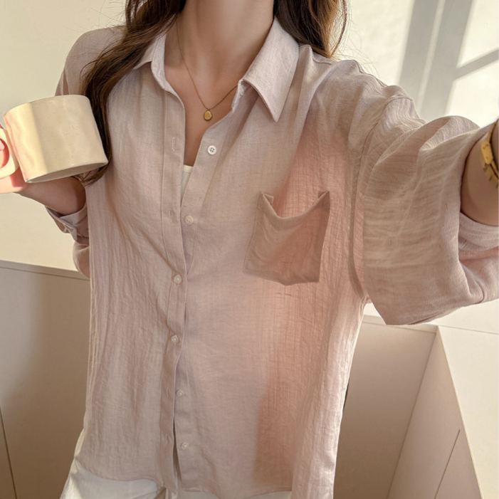 亞麻長袖薄款素色寬鬆防曬衣襯衫