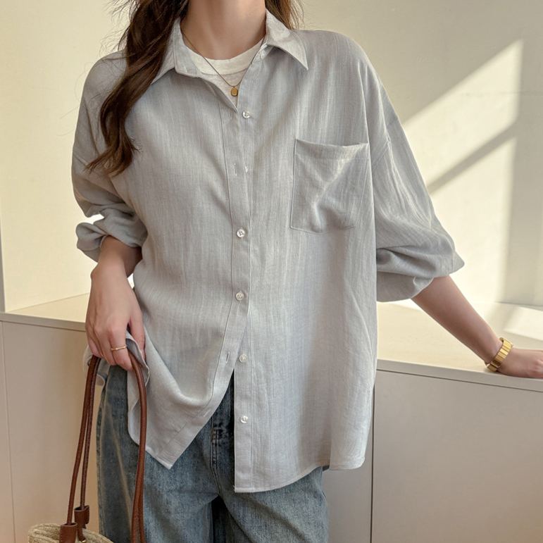亞麻長袖薄款素色寬鬆防曬衣襯衫