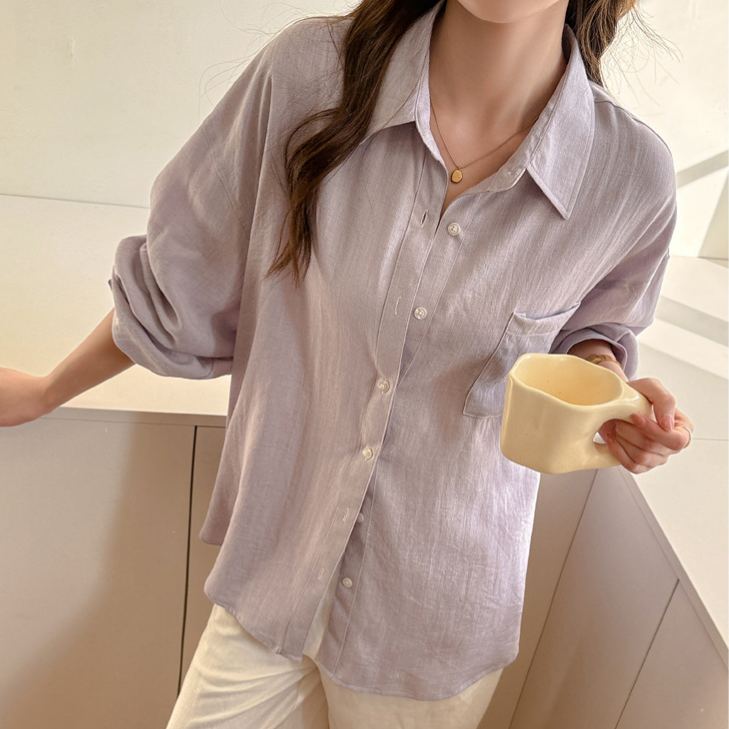 亞麻長袖薄款素色寬鬆防曬衣襯衫