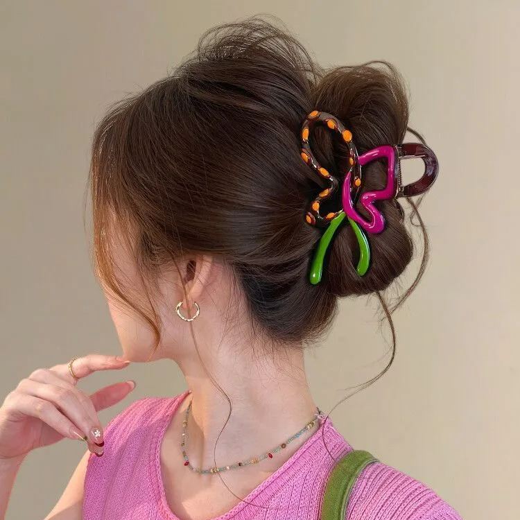 高級感撞色波點蝴蝶結抓夾髮夾