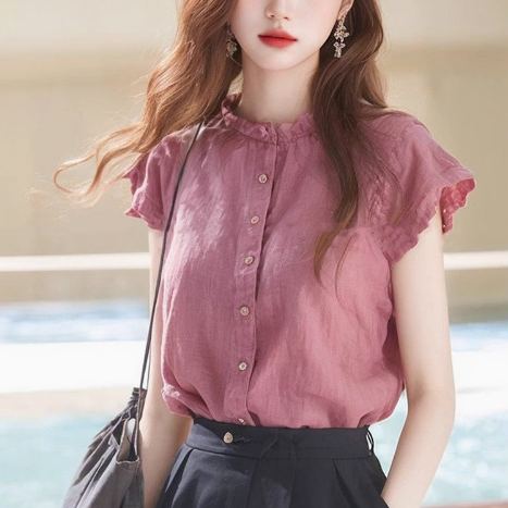 木耳边立領亞麻獨特別致小飛袖襯衫