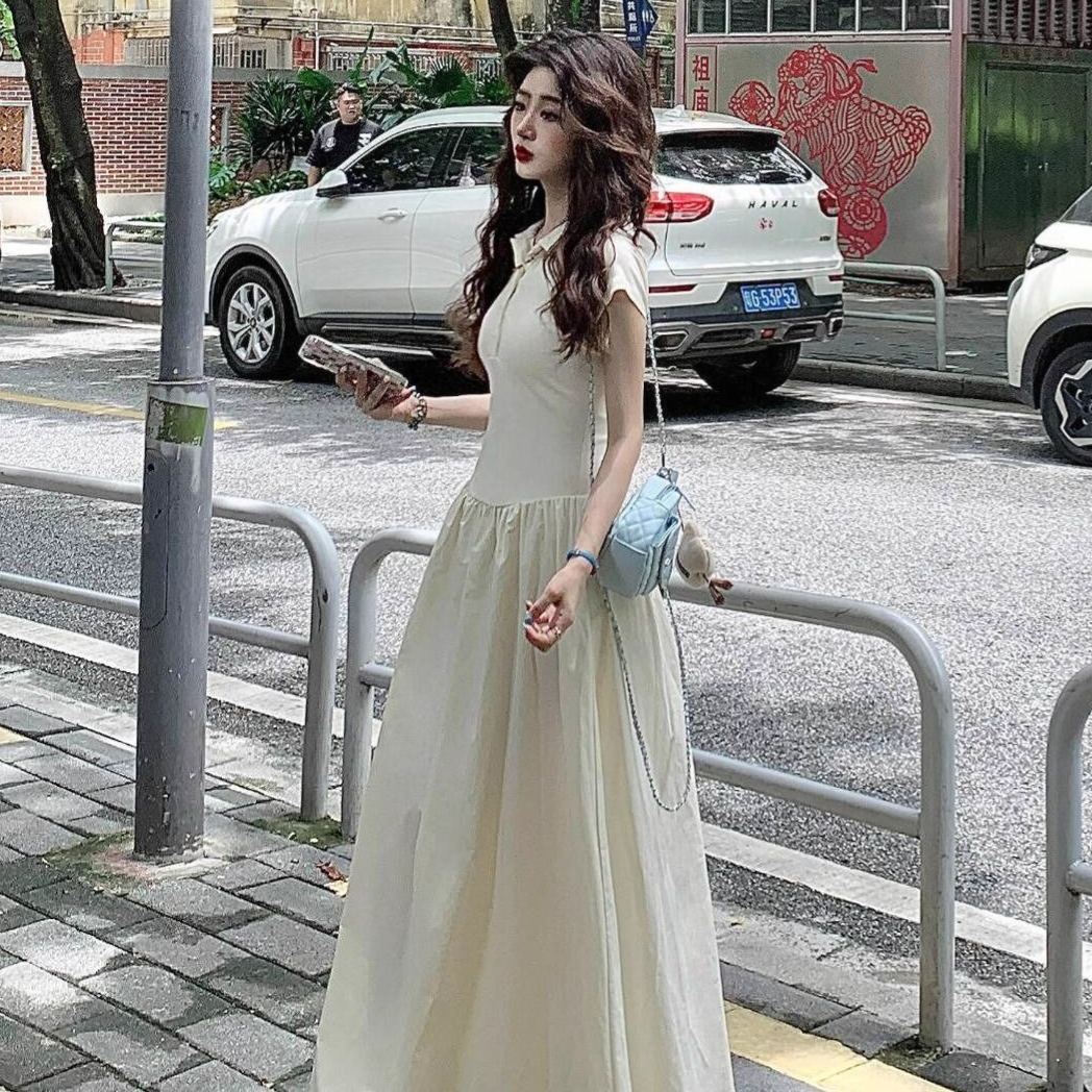 休閒polo領短袖拼接大擺慵懶長版洋裝