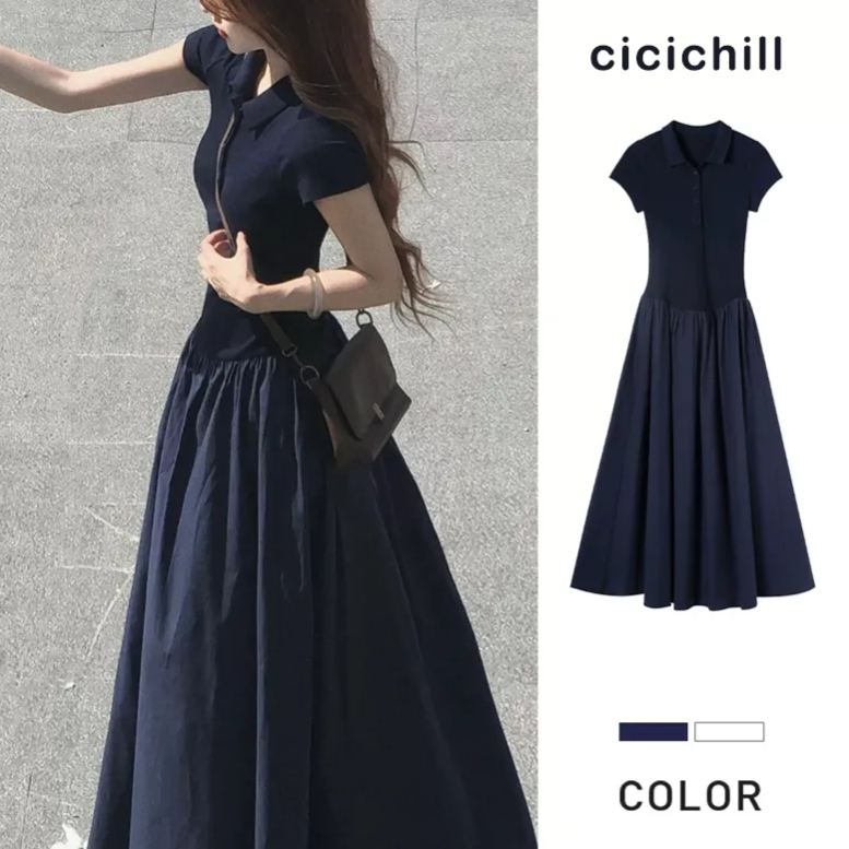 休閒polo領短袖拼接大擺慵懶長版洋裝