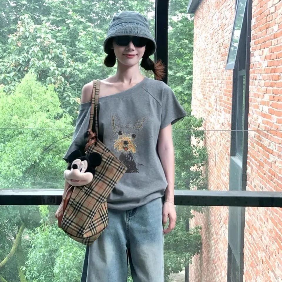 休閒chic感潮流鬆弛通勤氣質斜肩t恤