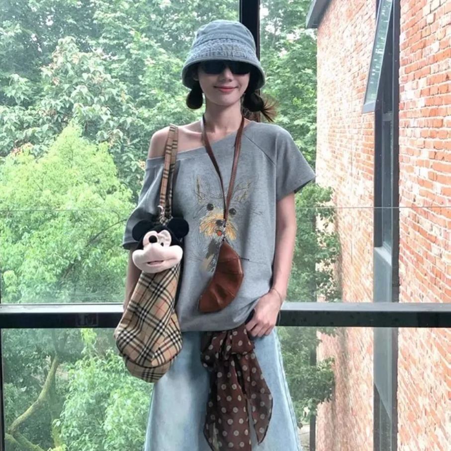 休閒chic感潮流鬆弛通勤氣質斜肩t恤