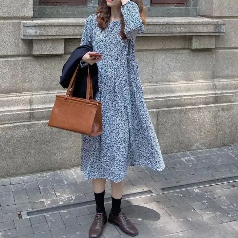 森系桔梗碎花氣質魚尾長版洋裝