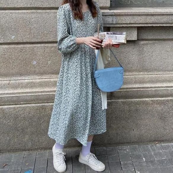 森系桔梗碎花氣質魚尾長版洋裝