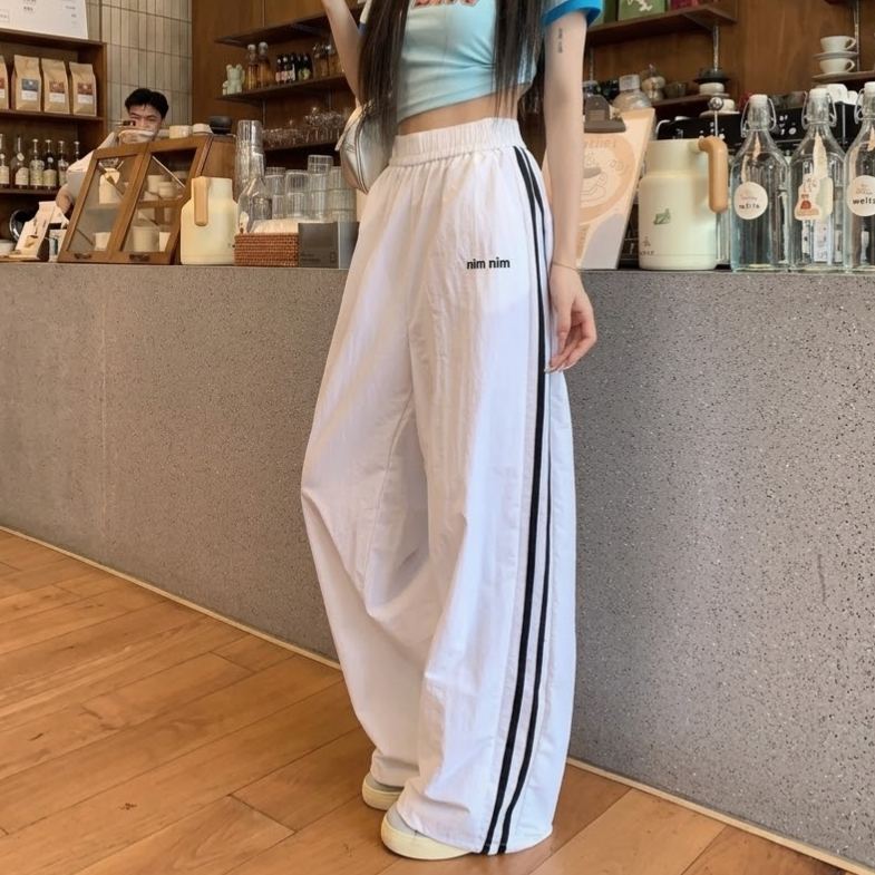 冰絲運動速乾薄款休閒直筒垂感側條紋闊腿褲