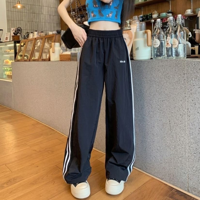 冰絲運動速乾薄款休閒直筒垂感側條紋闊腿褲