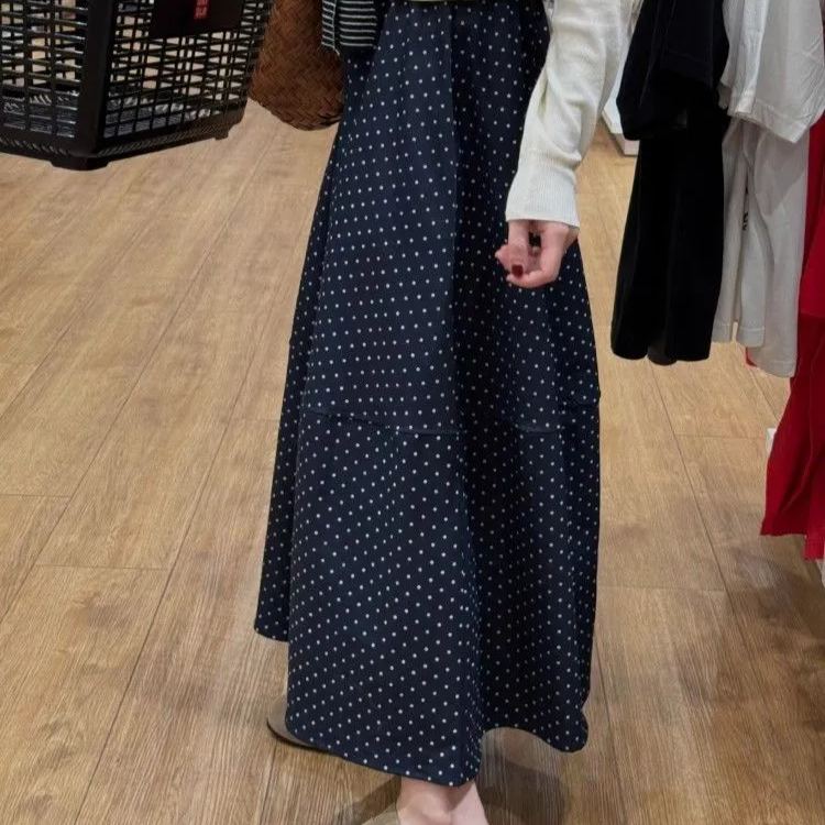 法式波點寬鬆顯瘦垂感中長版A字半身裙