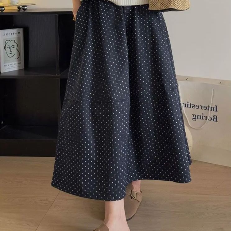 法式波點寬鬆顯瘦垂感中長版A字半身裙