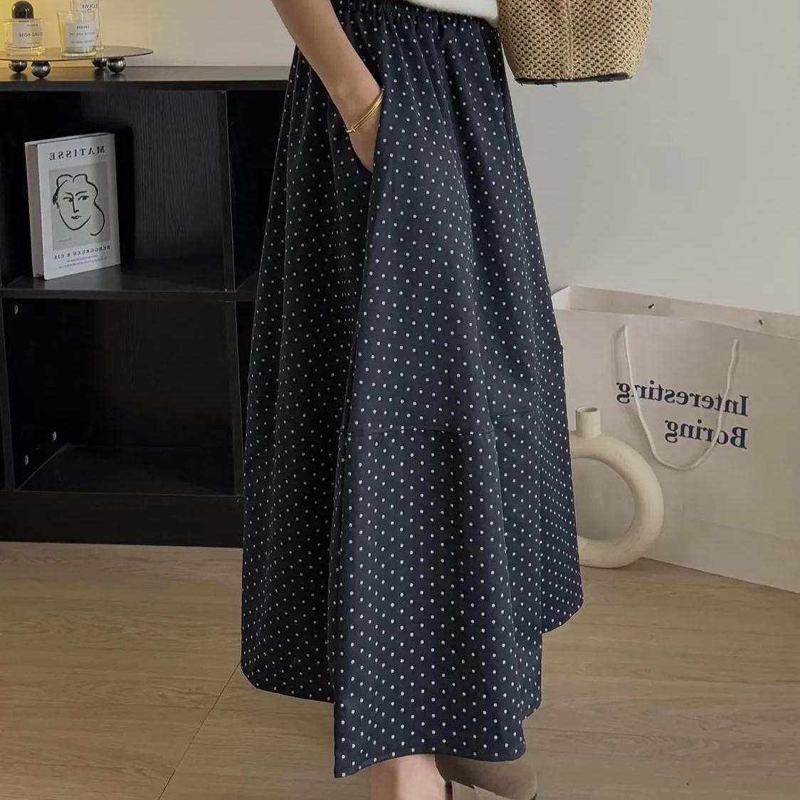 法式波點寬鬆顯瘦垂感中長版A字半身裙