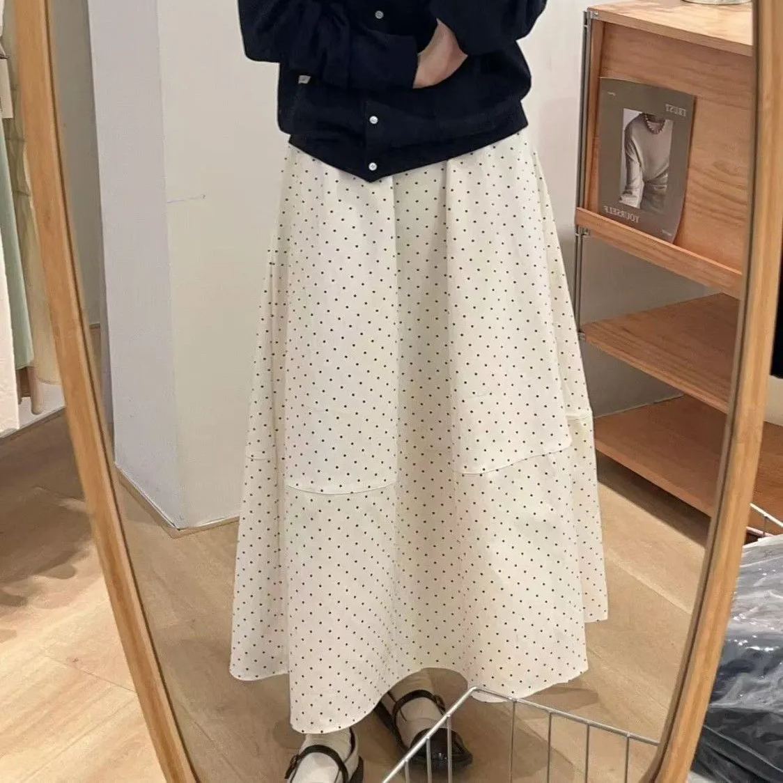 法式波點寬鬆顯瘦垂感中長版A字半身裙