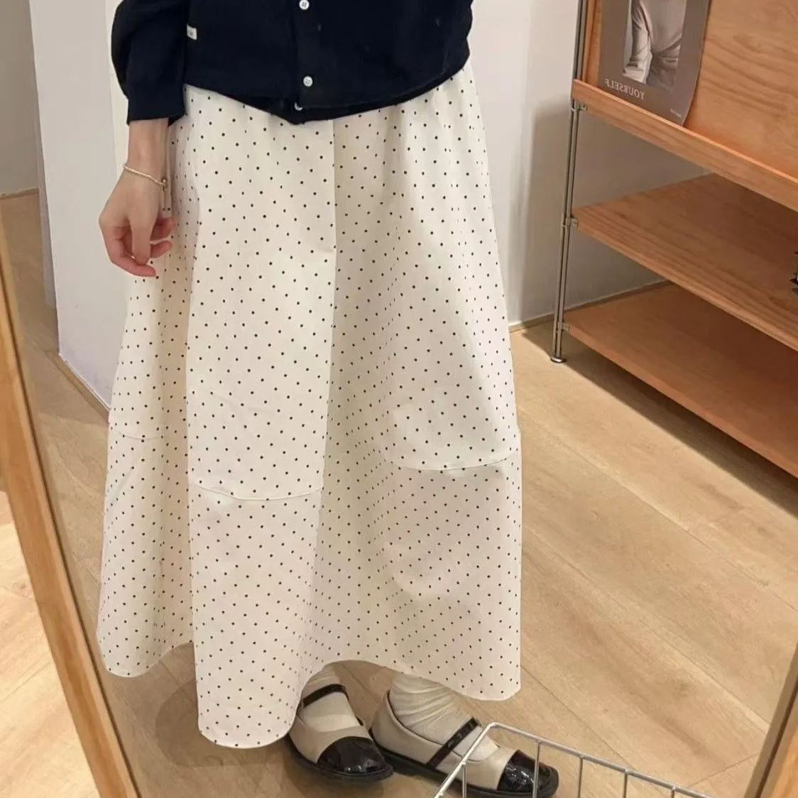 法式波點寬鬆顯瘦垂感中長版A字半身裙