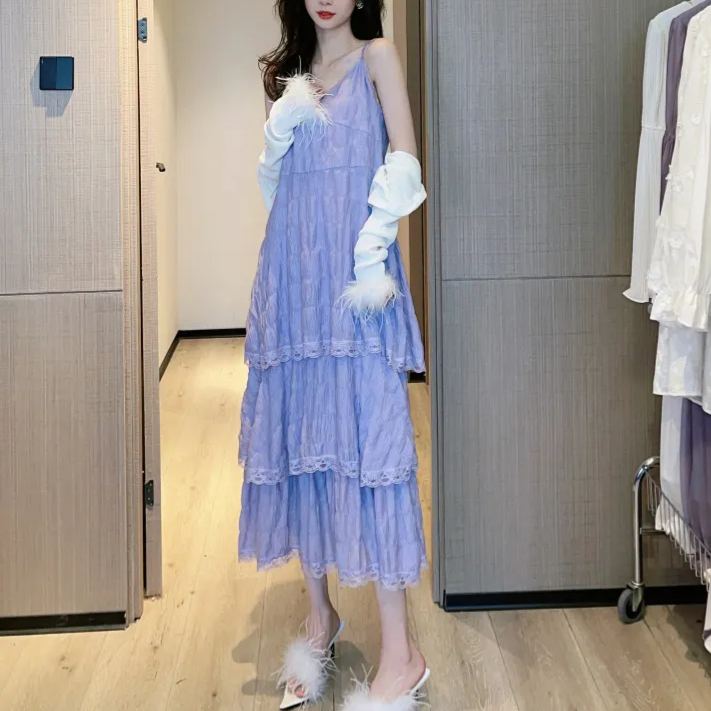 甜美減齡法式吊帶度假風寬鬆蛋糕裙洋裝