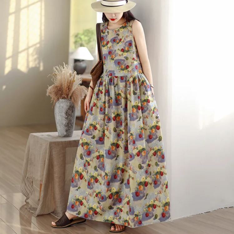 純棉印花清新減齡韓版A字甜美背心洋裝