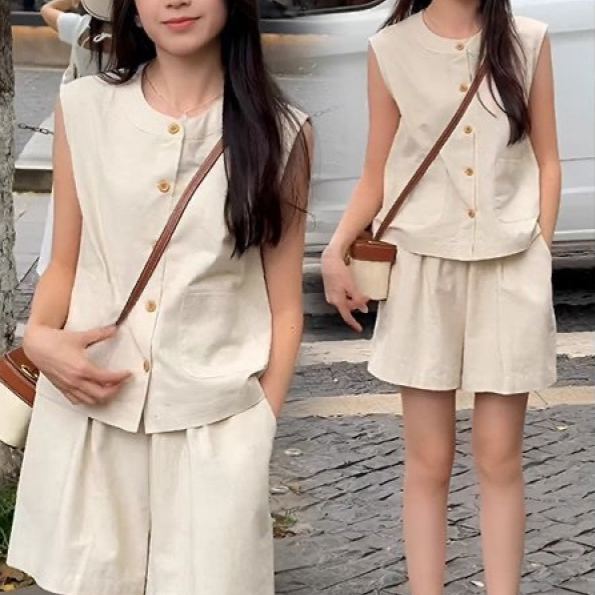 【整套】休閒韓版無袖馬甲顯瘦短褲時髦減齡寬鬆兩件套裝