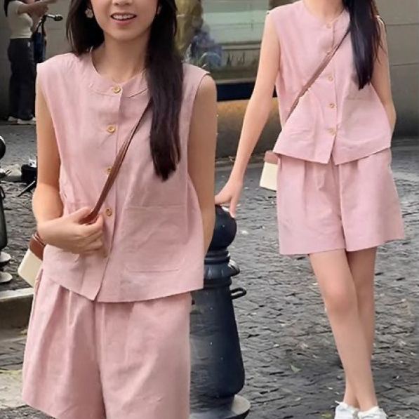 【整套】休閒韓版無袖馬甲顯瘦短褲時髦減齡寬鬆兩件套裝