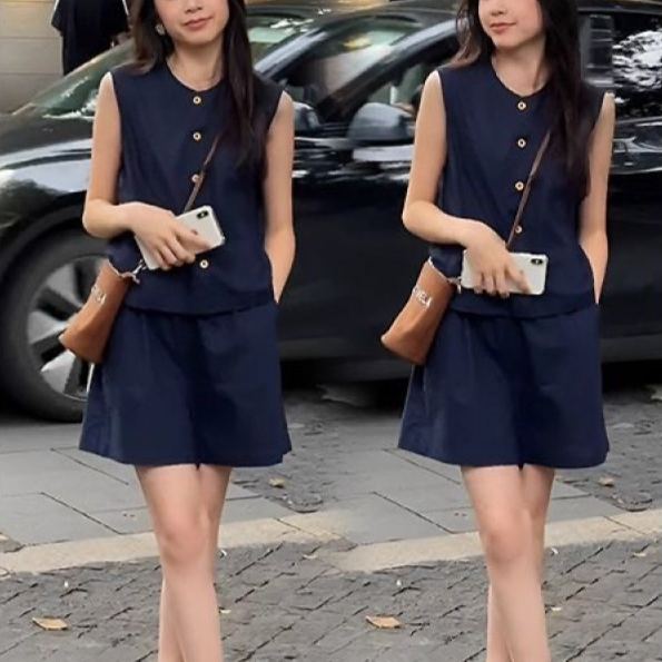 【整套】休閒韓版無袖馬甲顯瘦短褲時髦減齡寬鬆兩件套裝