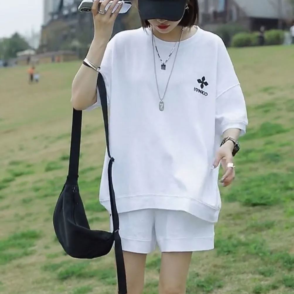 【整套】時尚運動休閒寬鬆韓版短袖短褲兩件套裝