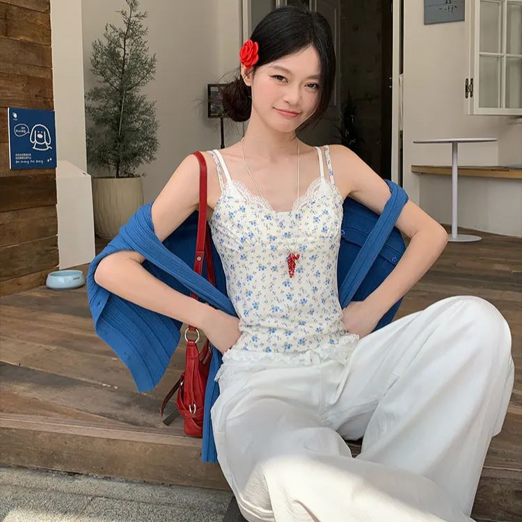 韓系修身顯瘦短版藍色小碎花吊帶背心