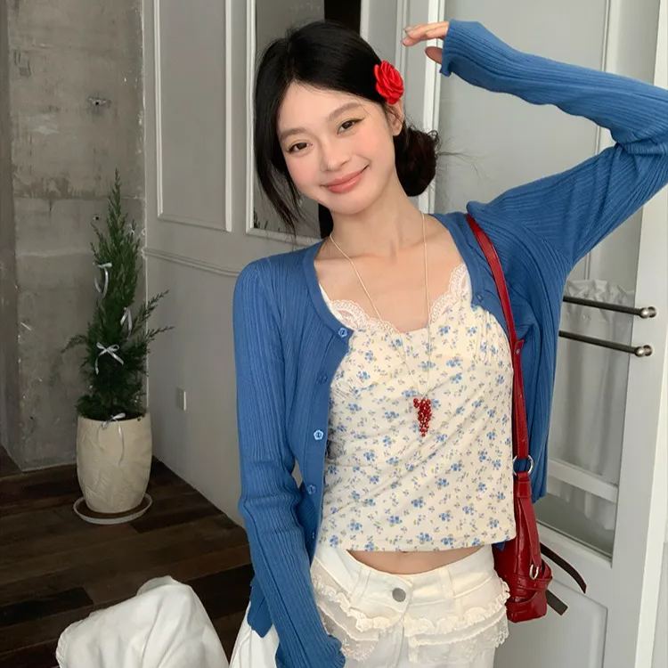韓系修身顯瘦短版藍色小碎花吊帶背心