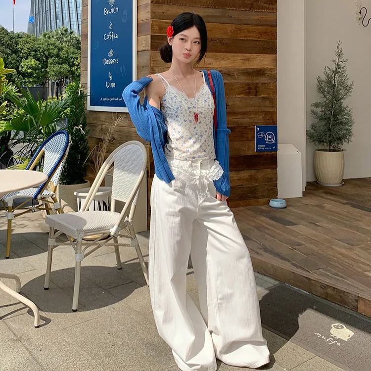 韓系修身顯瘦短版藍色小碎花吊帶背心