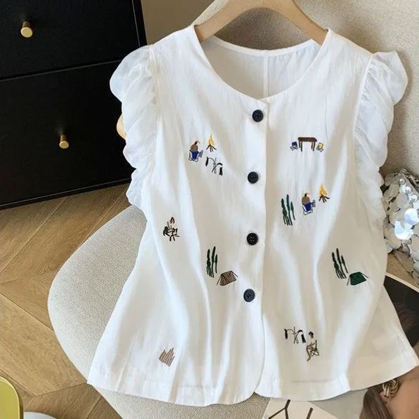 亞麻泡泡袖甜美重工刺繡涼感短袖襯衫