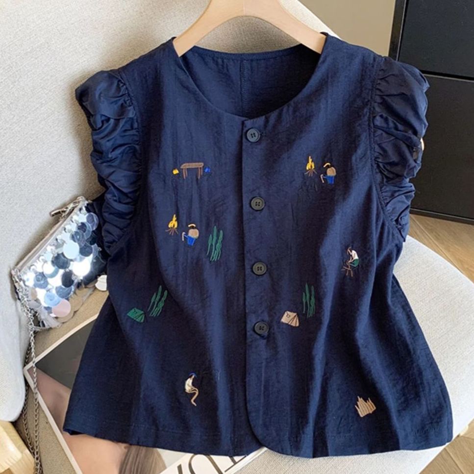亞麻泡泡袖甜美重工刺繡涼感短袖襯衫