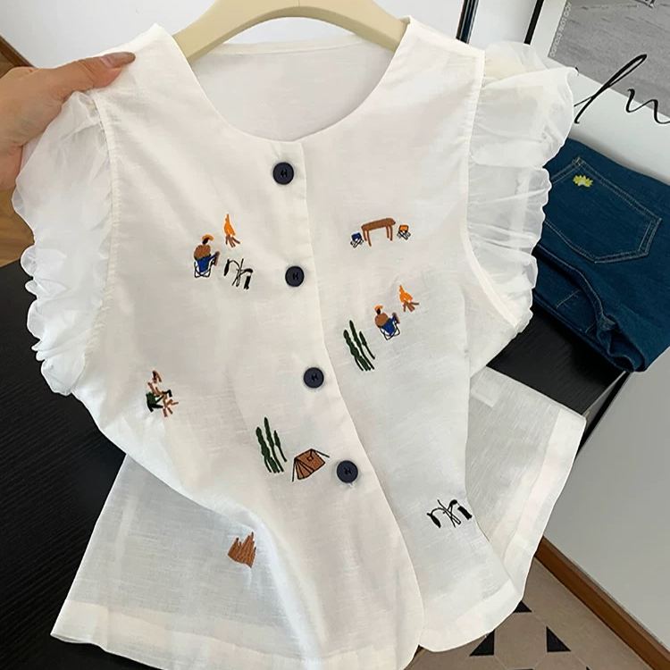 亞麻泡泡袖甜美重工刺繡涼感短袖襯衫