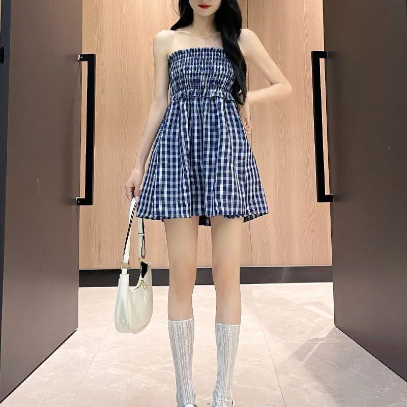 甜美格子褶皺抹胸&半身裙兩穿設計顯瘦休閒慵懶半身裙