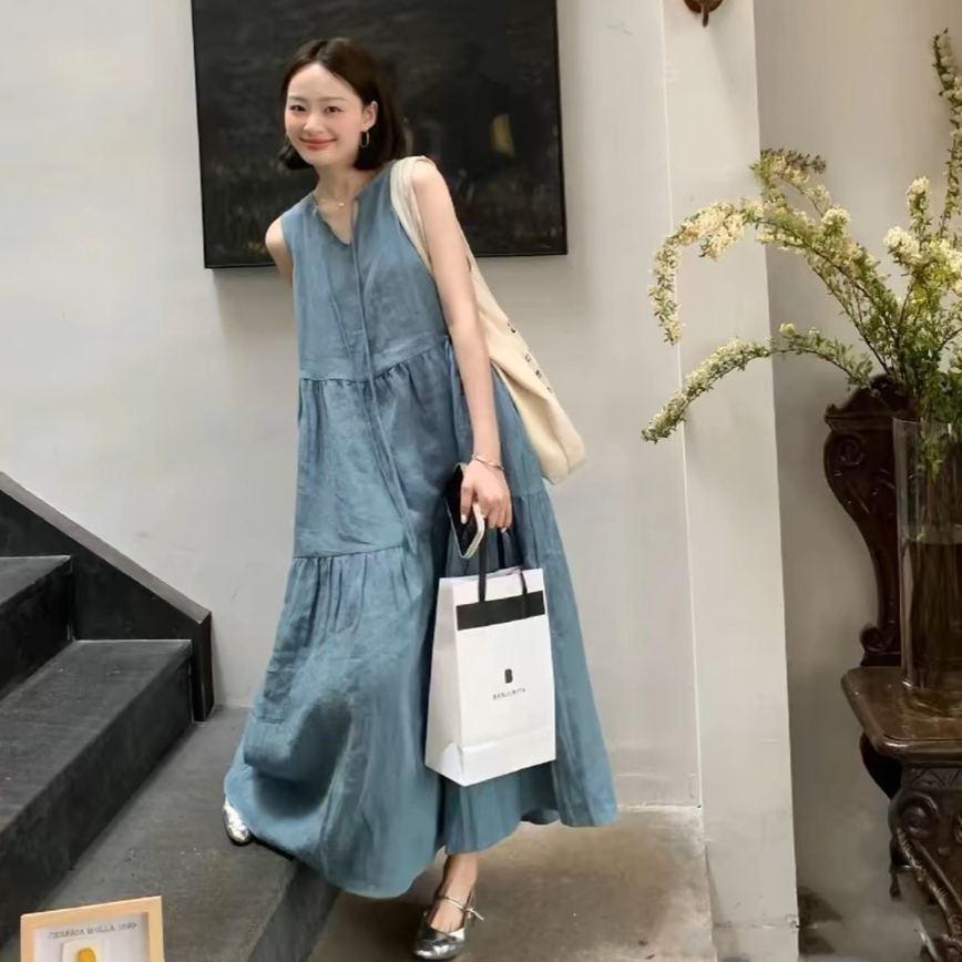 Chic氣質圓領系帶寬鬆仿牛仔無袖洋裝