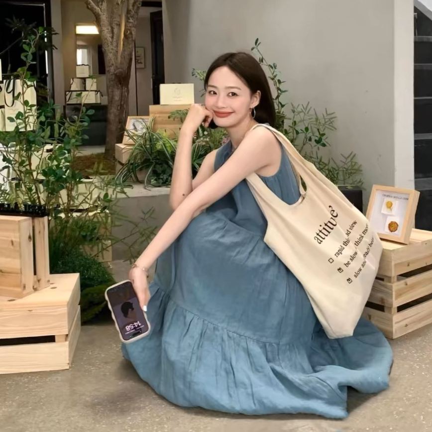 Chic氣質圓領系帶寬鬆仿牛仔無袖洋裝